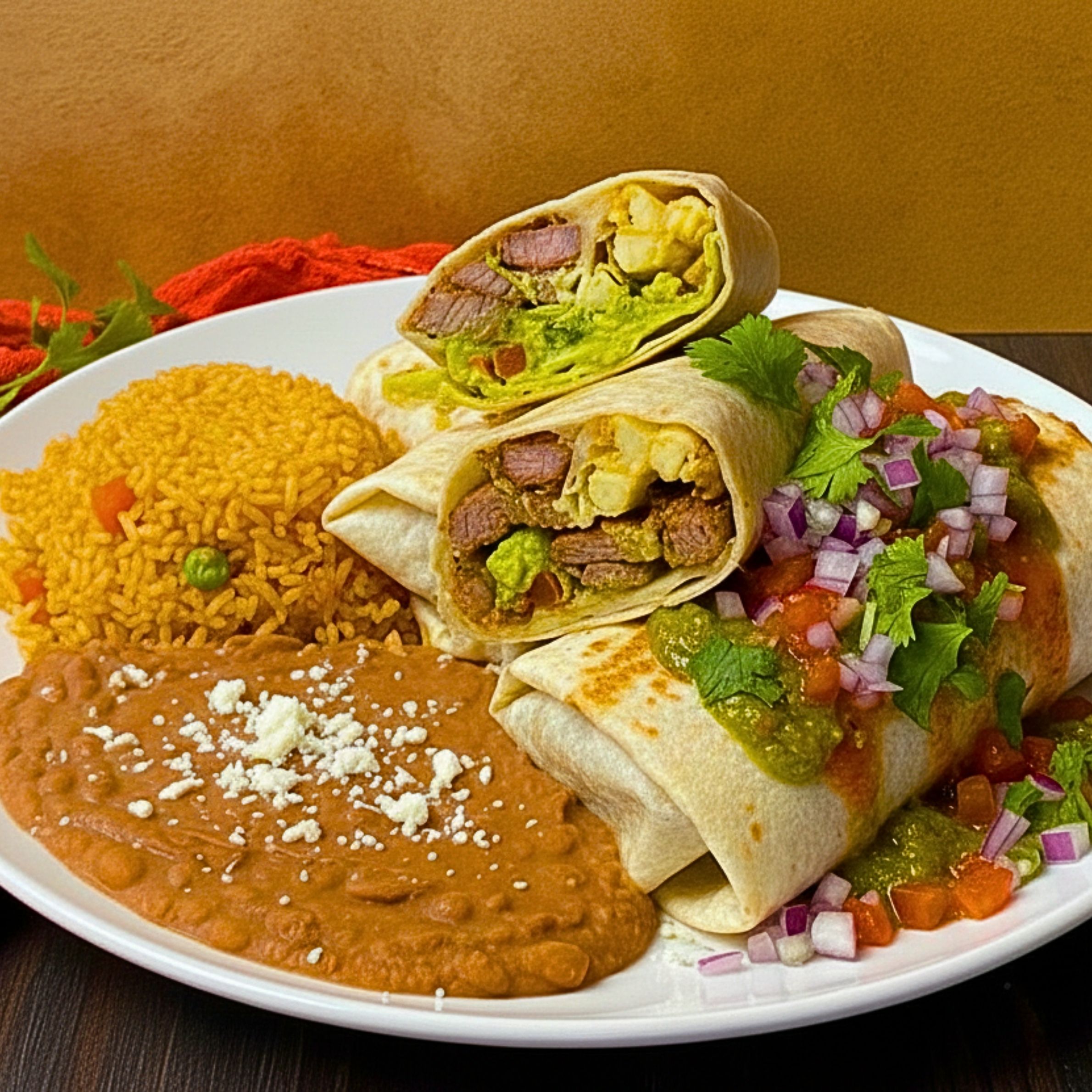 Asada Burrito (Served w/ rice, beans, onions, cilantro & green or red salsa)