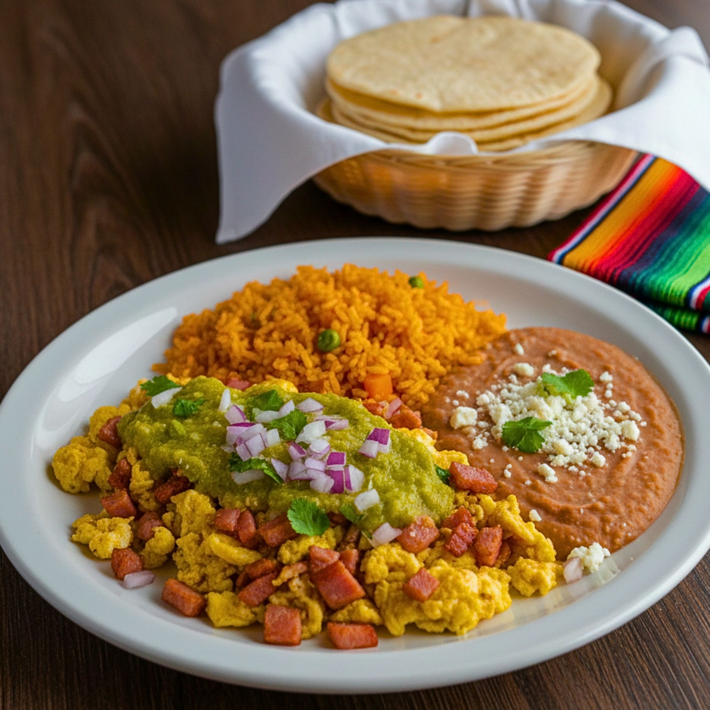 Huevos con Jamon (Refried beans, Spanish rice & tortillas)