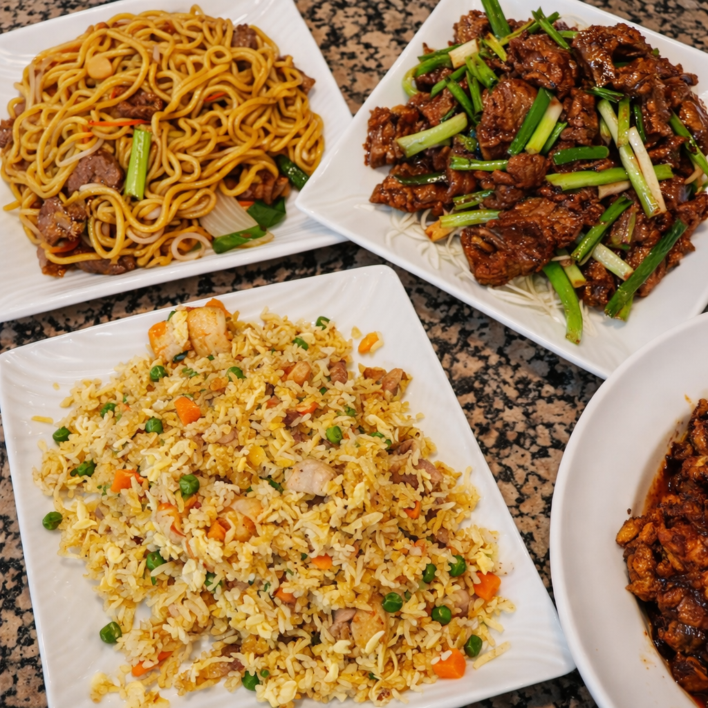 Wok Garden Deluxe (Combo of vegetables, sweet & sour pork, pork fried rice, & chow mein w/ meat options.)